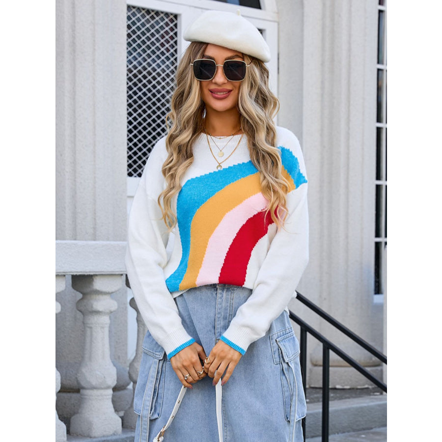 Rainbow Round Neck Long Sleeve Sweater Apparel and Accessories