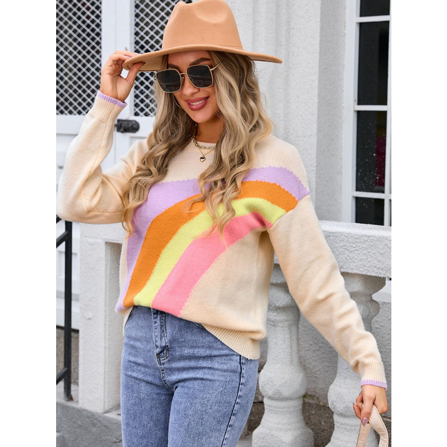 Rainbow Round Neck Long Sleeve Sweater Apparel and Accessories