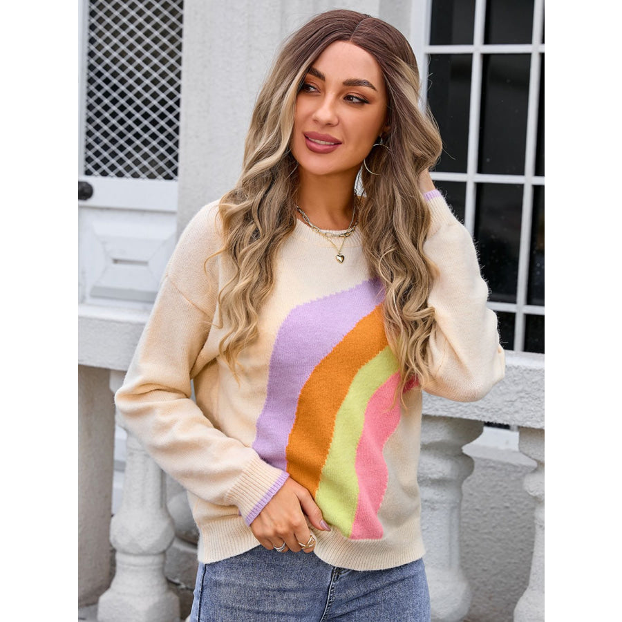 Rainbow Round Neck Long Sleeve Sweater Apricot / S Apparel and Accessories