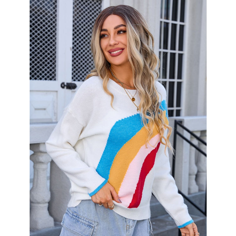 Rainbow Round Neck Long Sleeve Sweater White / S Apparel and Accessories