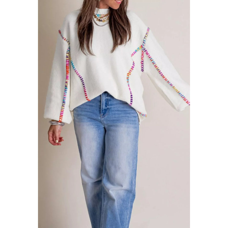 Rainbow Stitching Long Sleeve Relaxed Sweater Apparel and Accessories