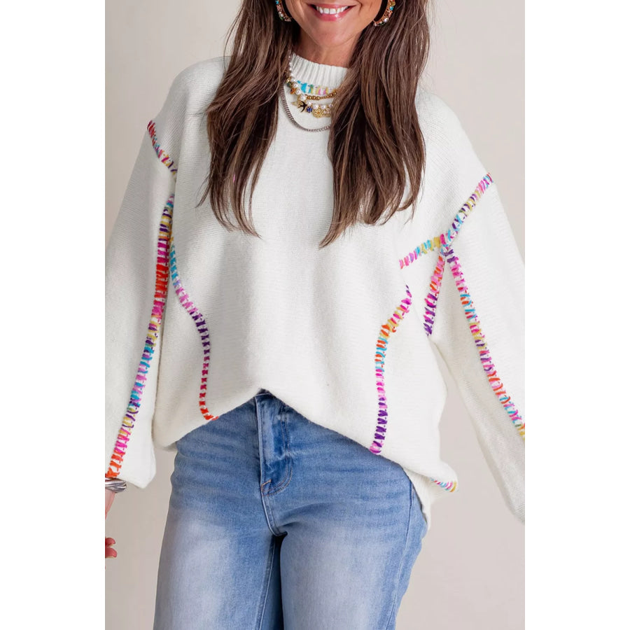 Rainbow Stitching Long Sleeve Relaxed Sweater Apparel and Accessories