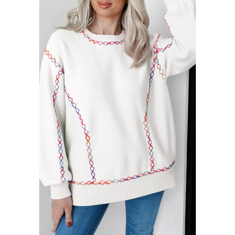 Rainbow Stitching Long Sleeve Relaxed Sweater Apparel and Accessories