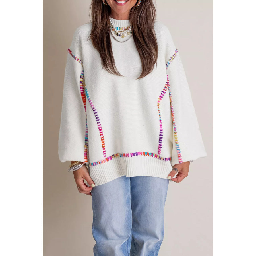 Rainbow Stitching Long Sleeve Relaxed Sweater White / S Apparel and Accessories