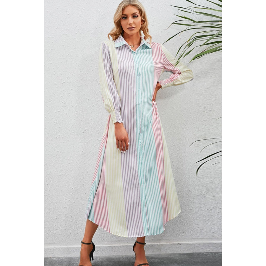 Rainbow Stripe Button-Up Maxi Shirt Dress Stripe / S