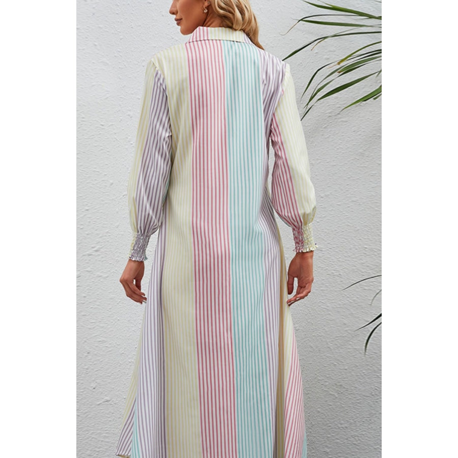 Rainbow Stripe Button-Up Maxi Shirt Dress