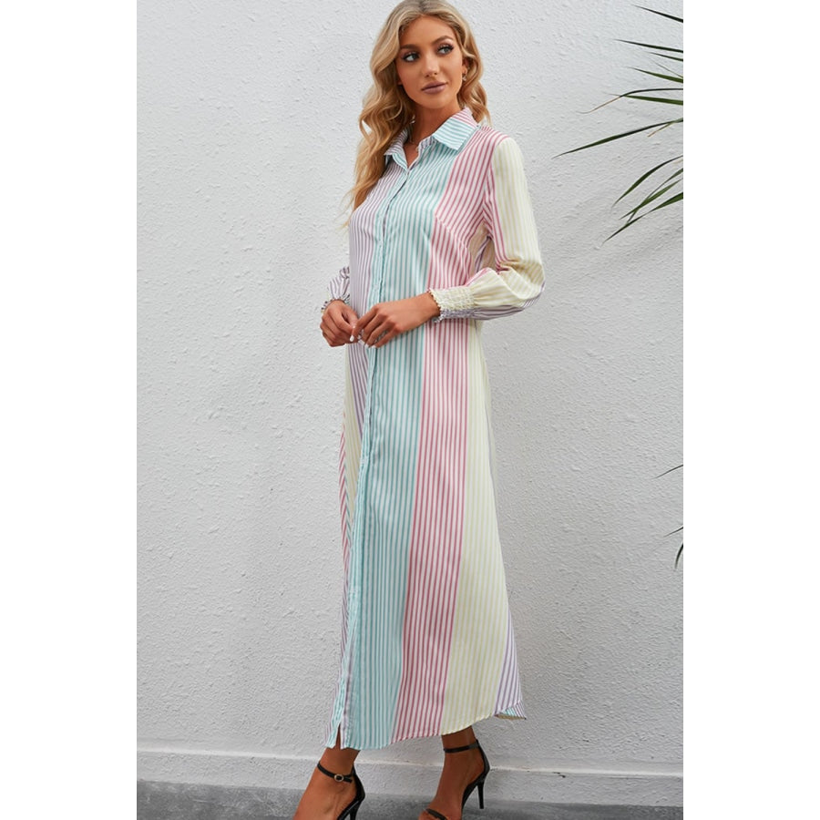 Rainbow Stripe Button-Up Maxi Shirt Dress