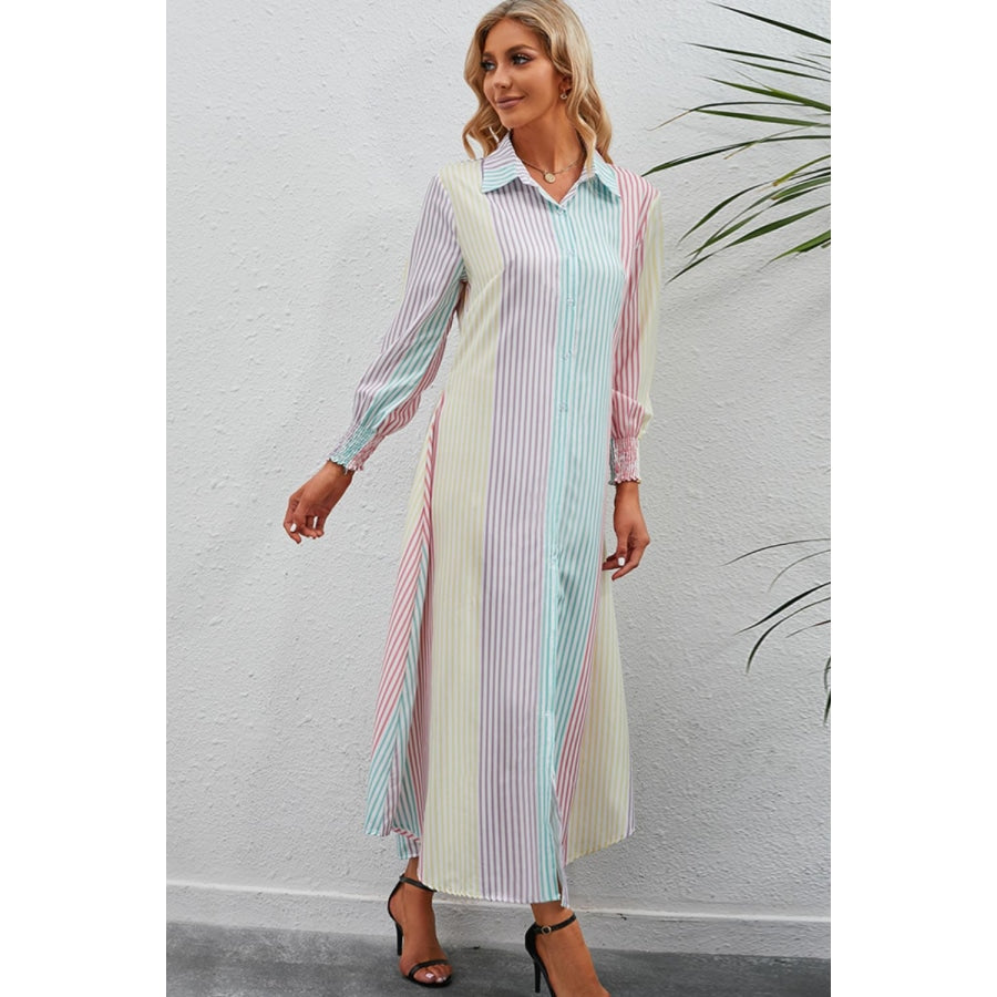 Rainbow Stripe Button-Up Maxi Shirt Dress