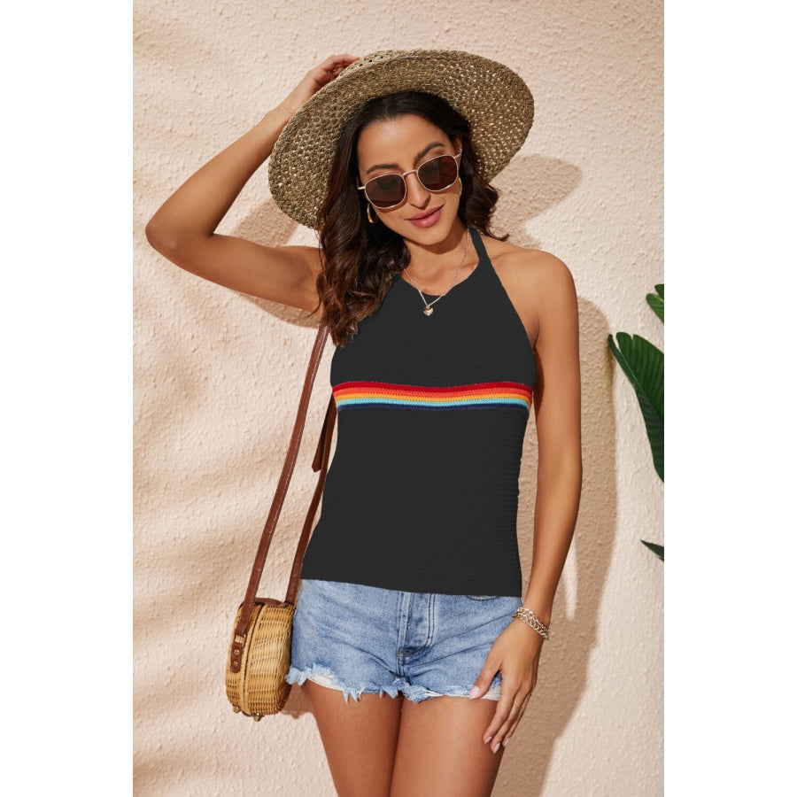 Rainbow Stripe Halter Neck Knit Tank Black / S