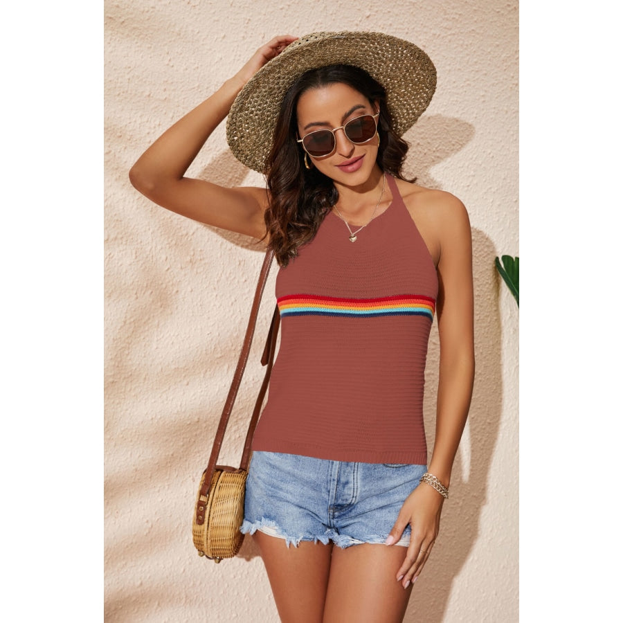 Rainbow Stripe Halter Neck Knit Tank Brick / S