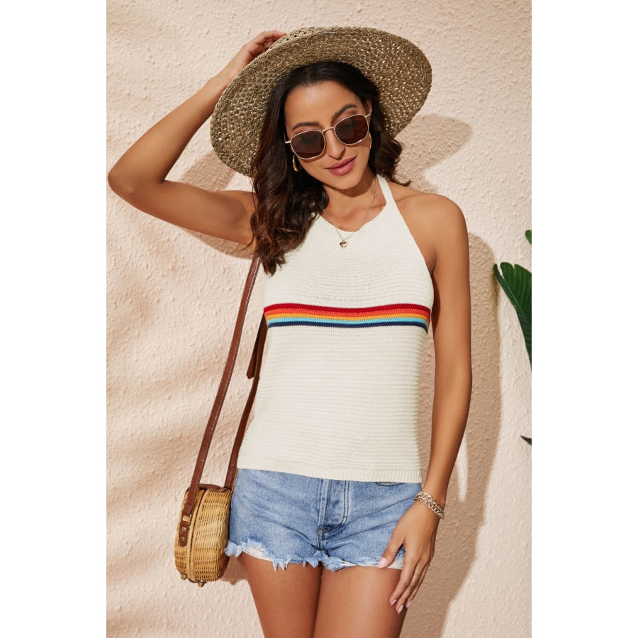 Rainbow Stripe Halter Neck Knit Tank Cream / S