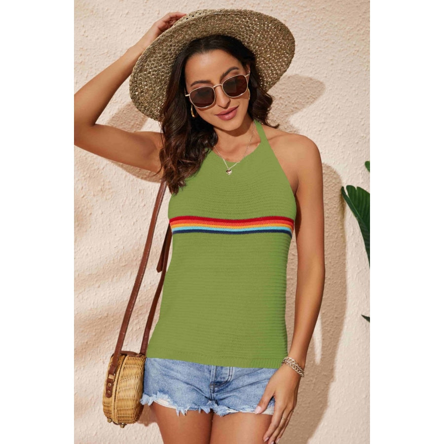 Rainbow Stripe Halter Neck Knit Tank Green / L