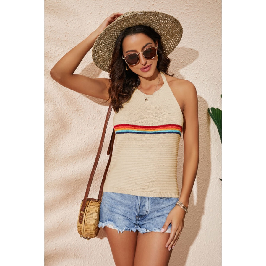 Rainbow Stripe Halter Neck Knit Tank Khaki / S