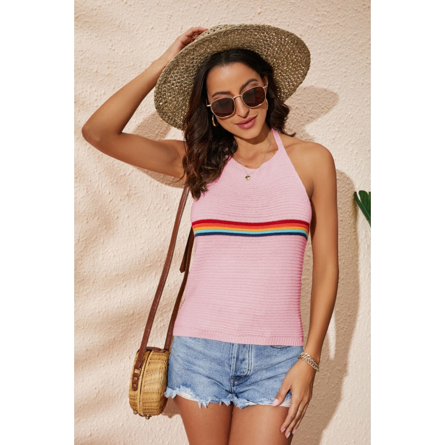 Rainbow Stripe Halter Neck Knit Tank Pink / S