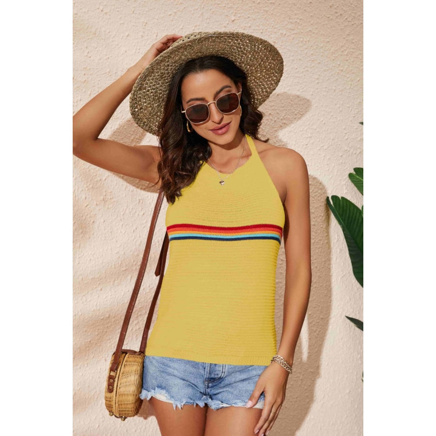 Rainbow Stripe Halter Neck Knit Tank Yellow / L