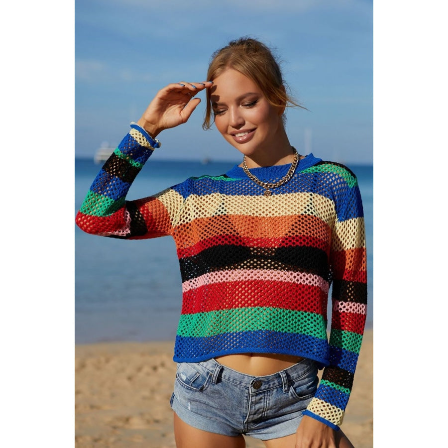 Rainbow Stripe Openwork Long Sleeve Cover-Up