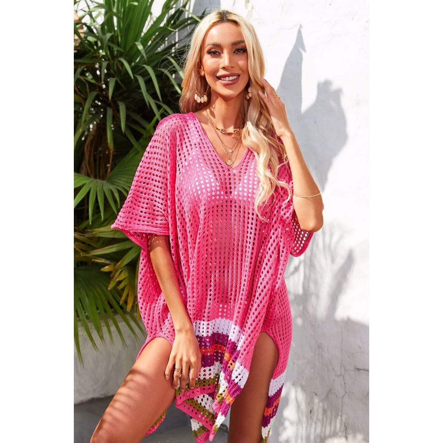 Rainbow Stripe Openwork Slit Cover-Up Rose Pink / One Size