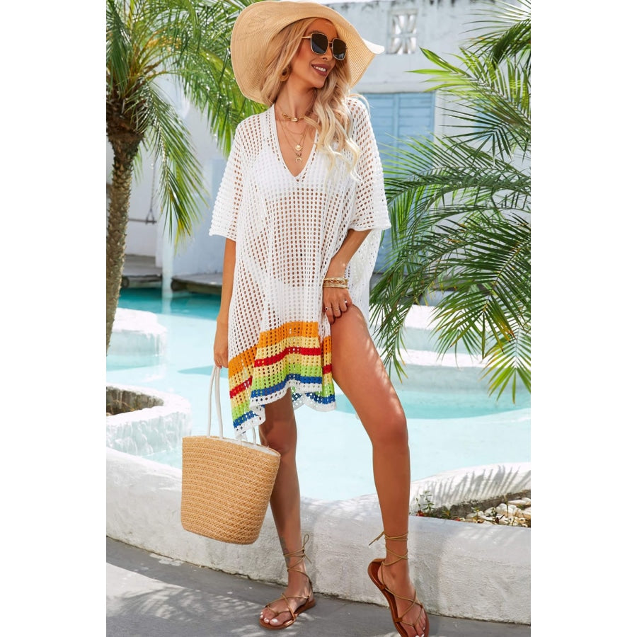 Rainbow Stripe Openwork Slit Cover-Up