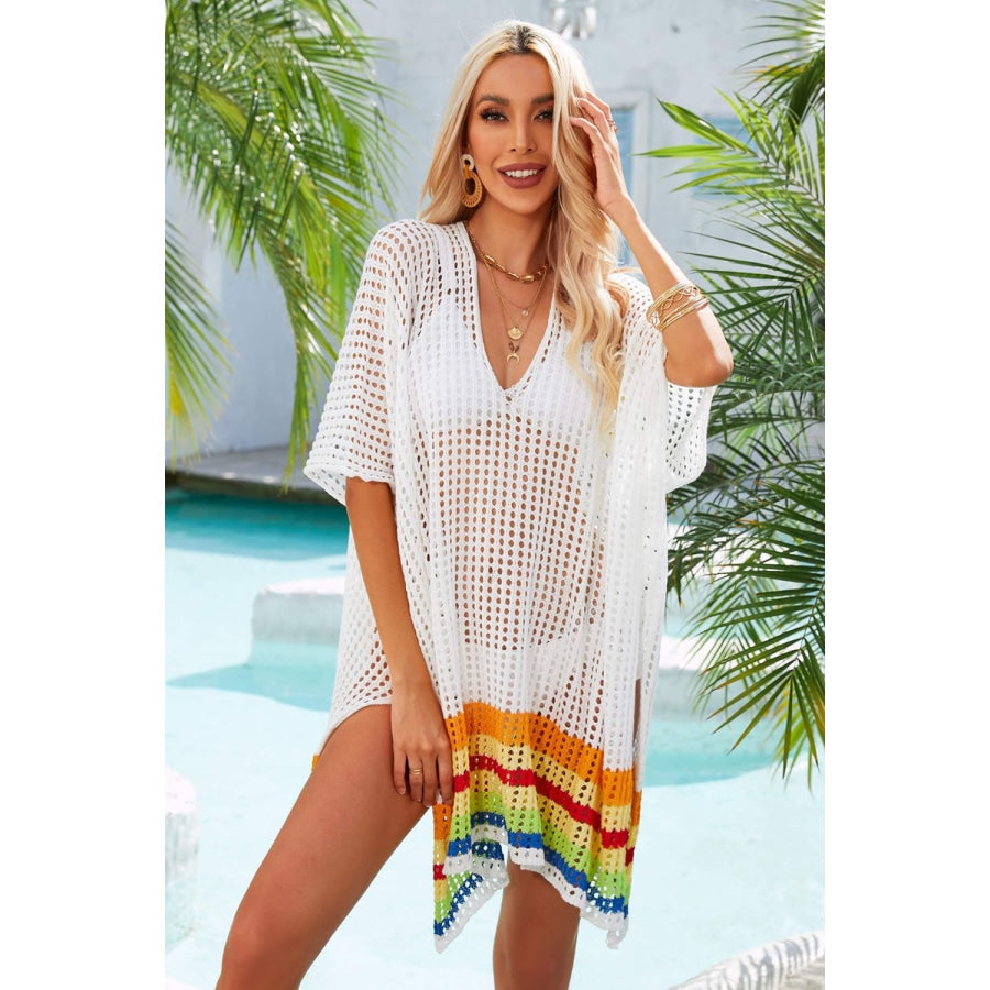 Rainbow Stripe Openwork Slit Cover-Up