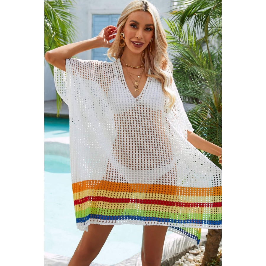 Rainbow Stripe Openwork Slit Cover-Up