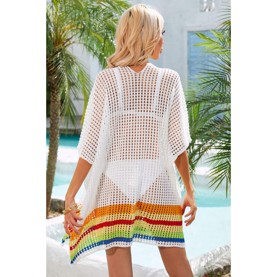 Rainbow Stripe Openwork Slit Cover-Up White / One Size