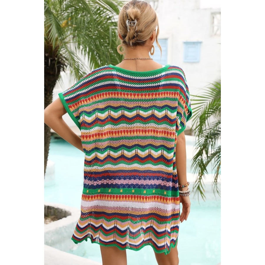Rainbow Stripe Scalloped V-Neck Cover-Up Dress Multicolor / S
