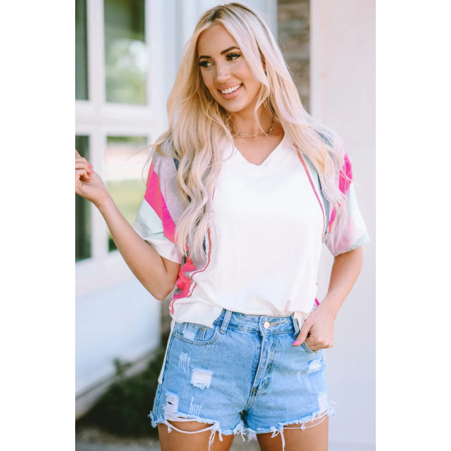 Rainbow Stripe Slit V-Neck T-Shirt Apparel and Accessories