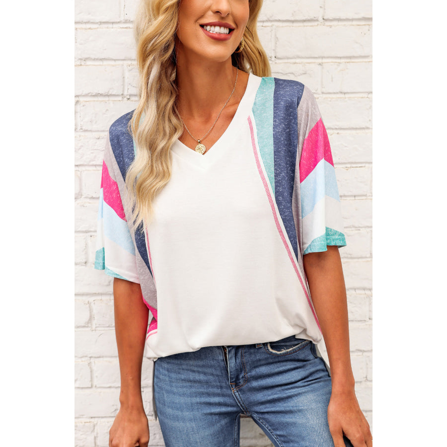 Rainbow Stripe Slit V-Neck T-Shirt White / S Apparel and Accessories