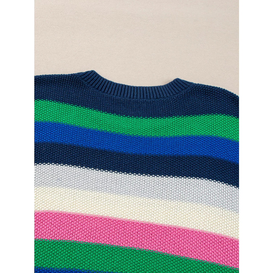 Rainbow Striped Crew Neck Drop Shoulder Sweater Apparel and Accessories