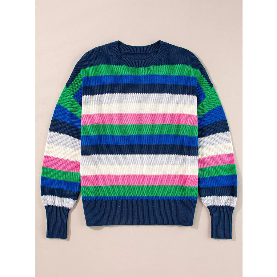 Rainbow Striped Crew Neck Drop Shoulder Sweater Apparel and Accessories