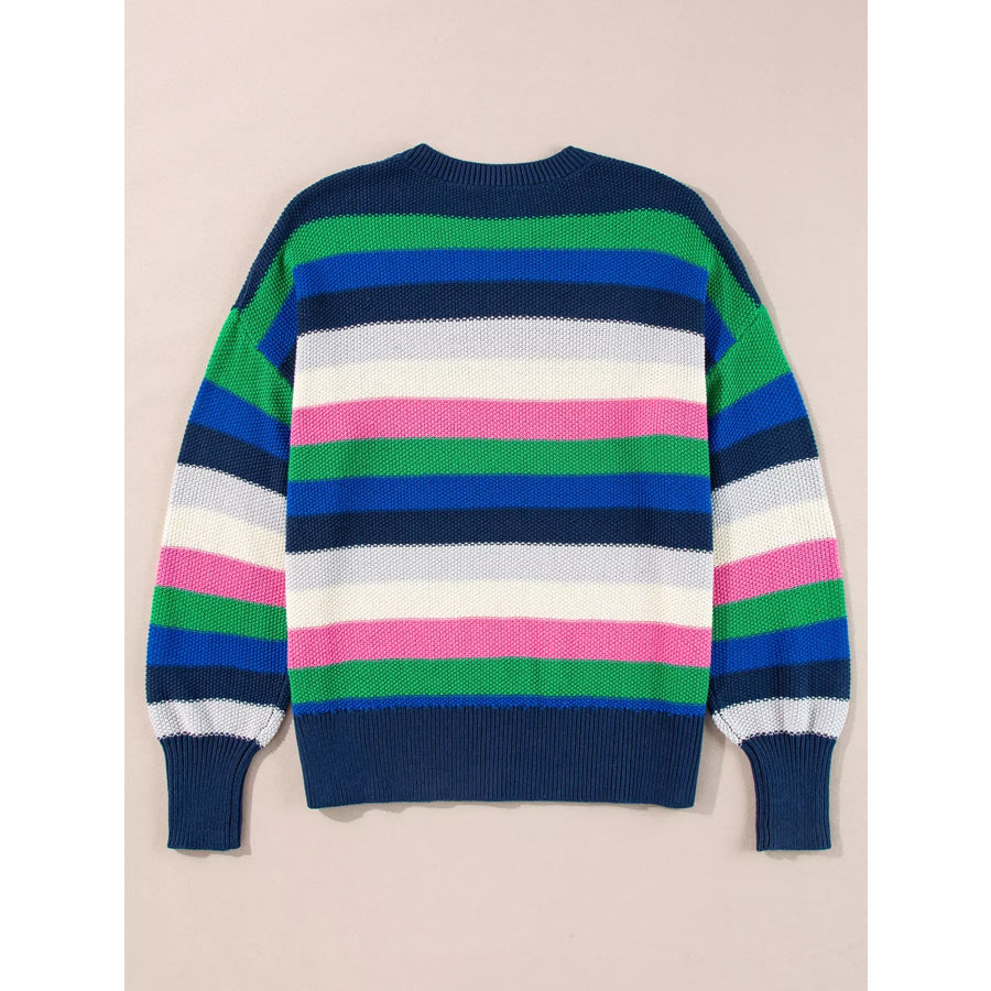 Rainbow Striped Crew Neck Drop Shoulder Sweater Apparel and Accessories