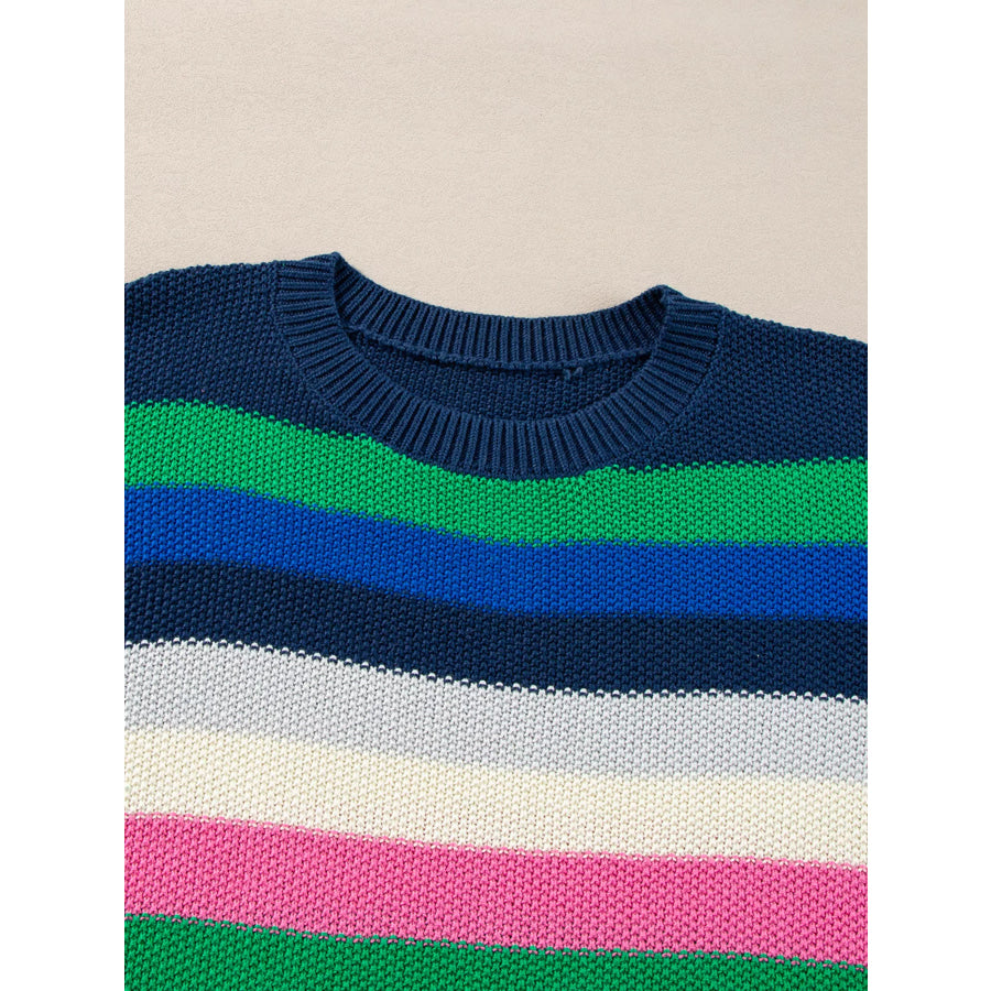 Rainbow Striped Crew Neck Drop Shoulder Sweater Apparel and Accessories
