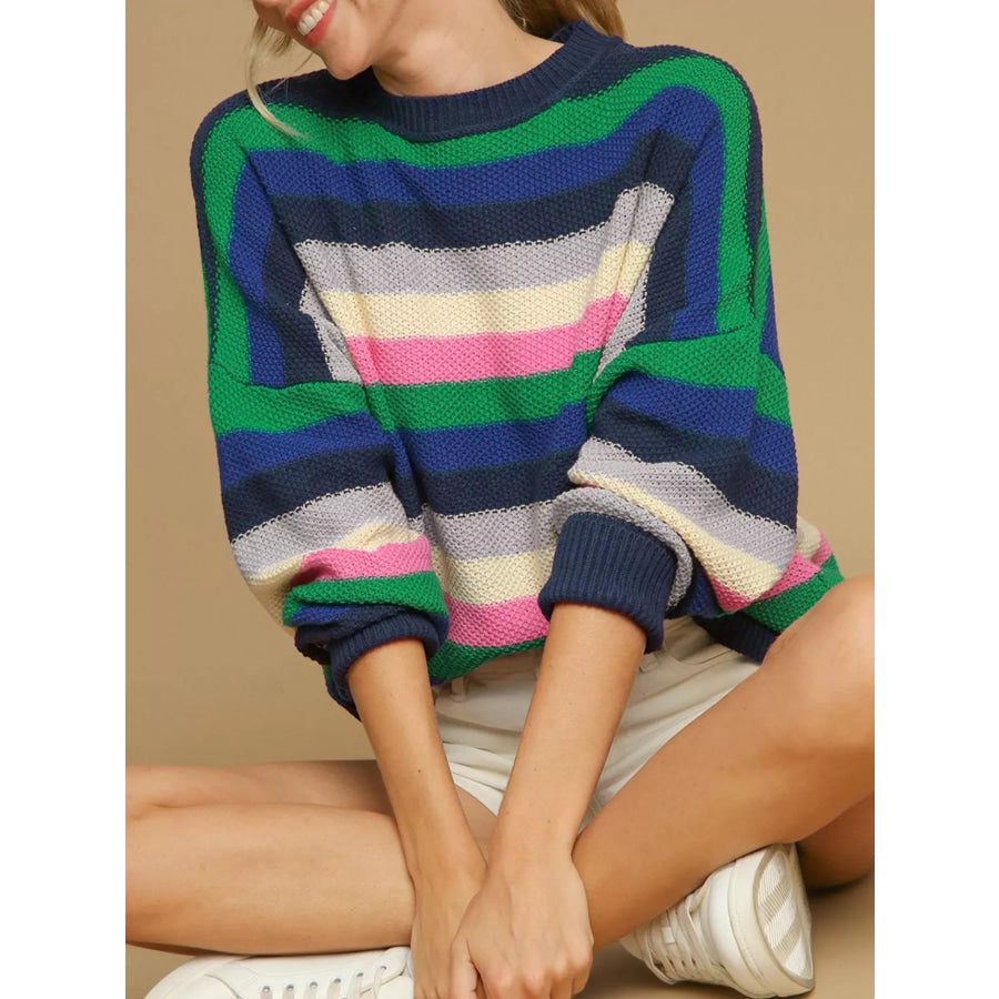 Rainbow Striped Crew Neck Drop Shoulder Sweater Apparel and Accessories