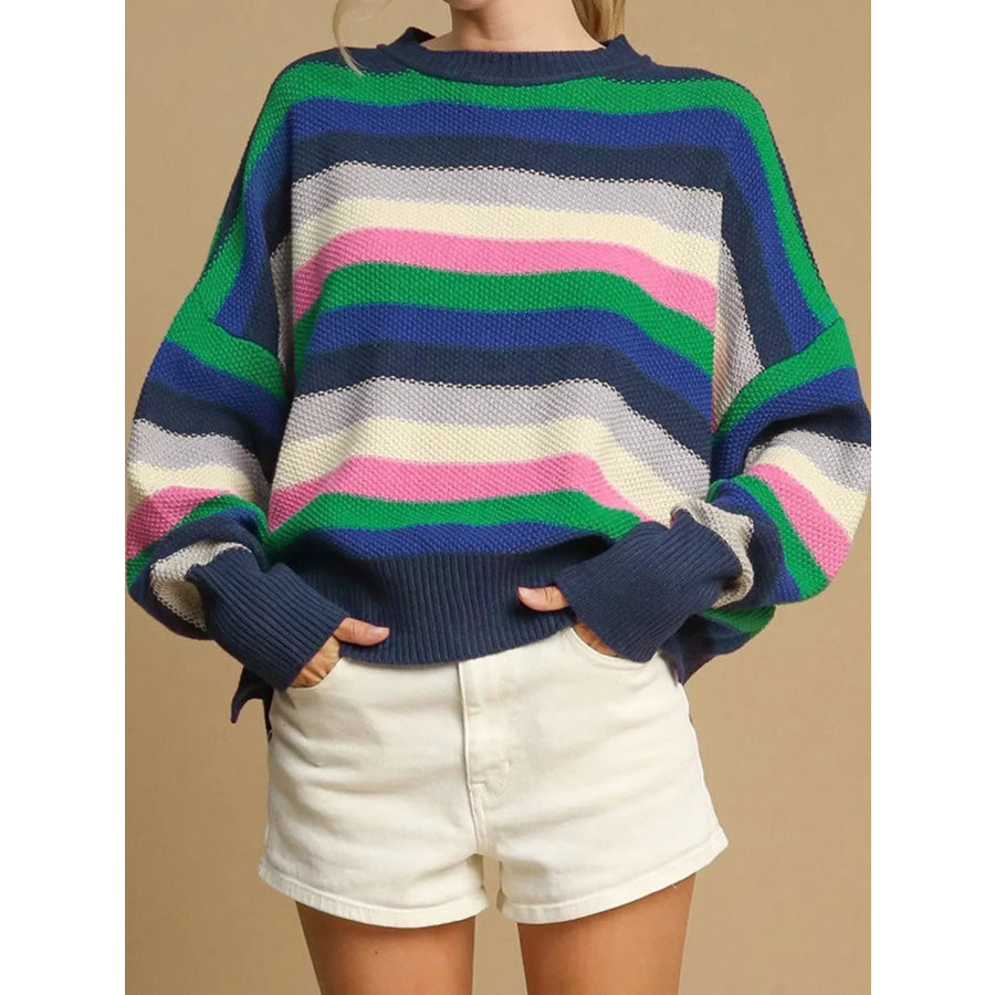Rainbow Striped Crew Neck Drop Shoulder Sweater Dark Green / S Apparel and Accessories