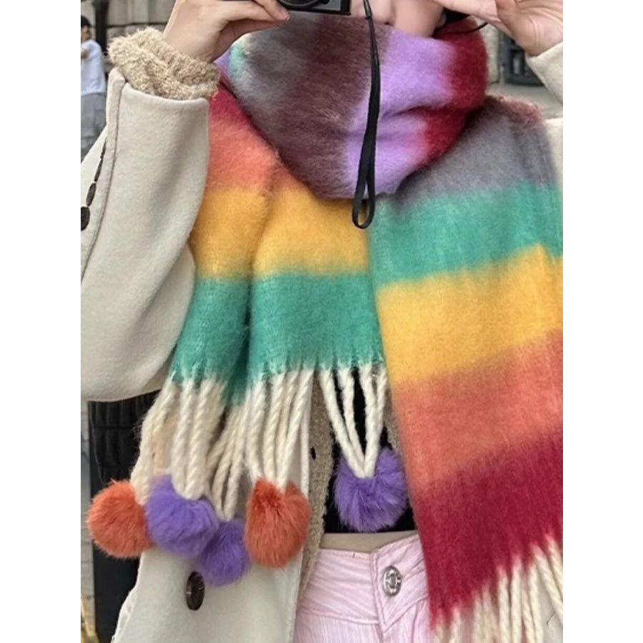 Rainbow Striped Fuzzy Scarf with Pom-Poms Apparel and Accessories