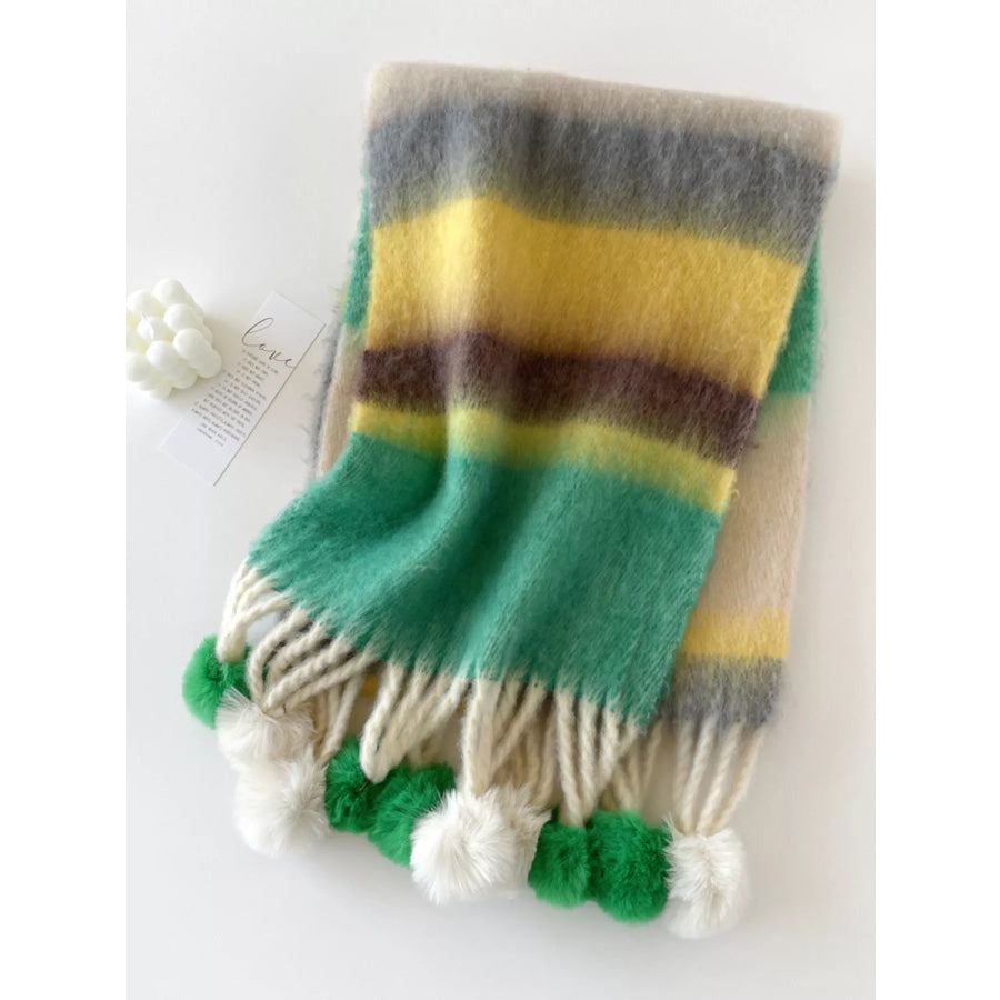 Rainbow Striped Fuzzy Scarf with Pom-Poms Apparel and Accessories