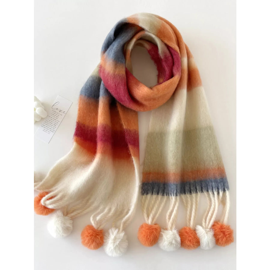 Rainbow Striped Fuzzy Scarf with Pom-Poms Apparel and Accessories