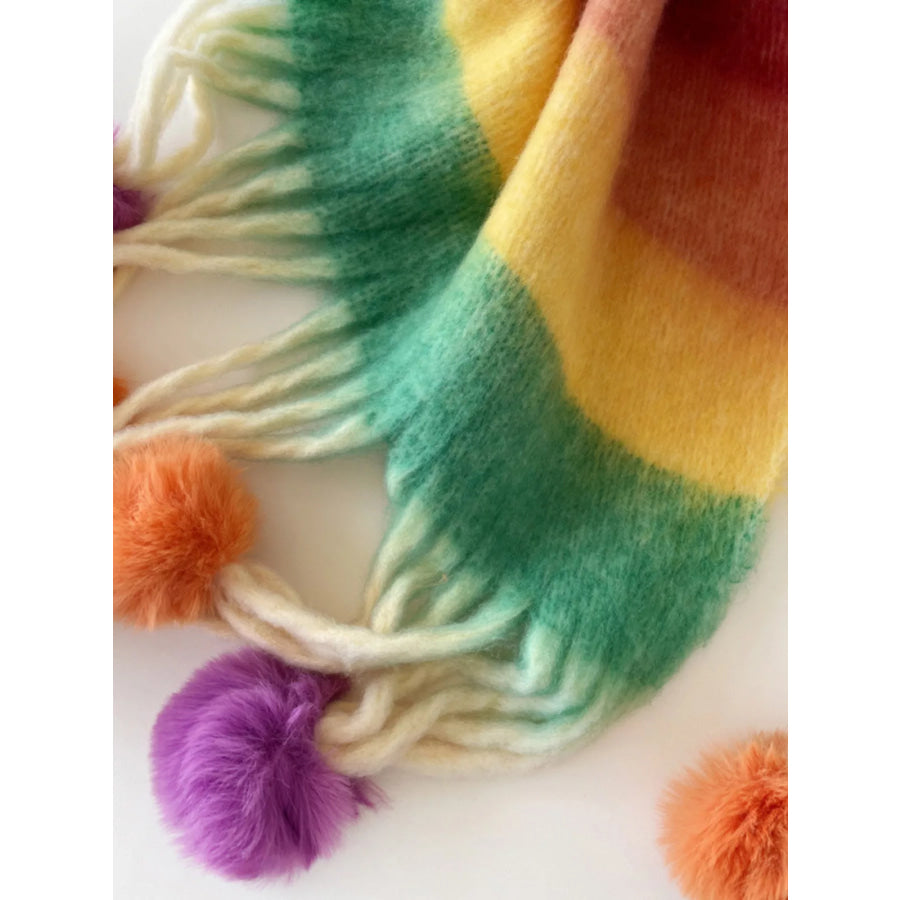 Rainbow Striped Fuzzy Scarf with Pom-Poms Apparel and Accessories