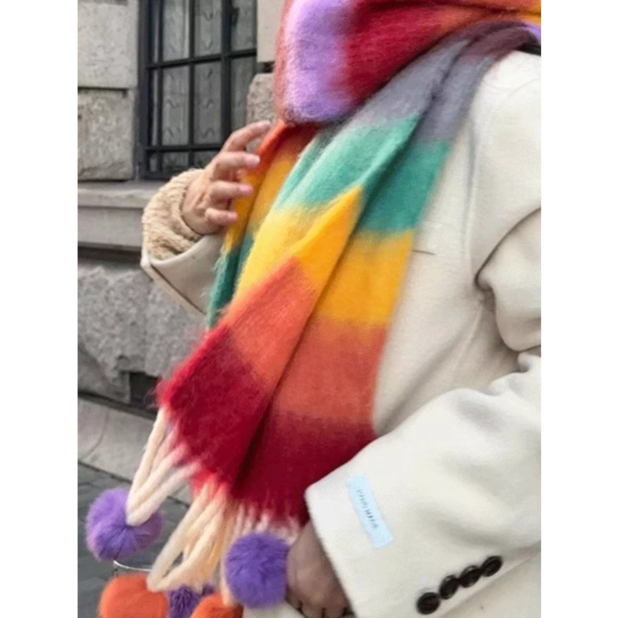 Rainbow Striped Fuzzy Scarf with Pom-Poms Apparel and Accessories