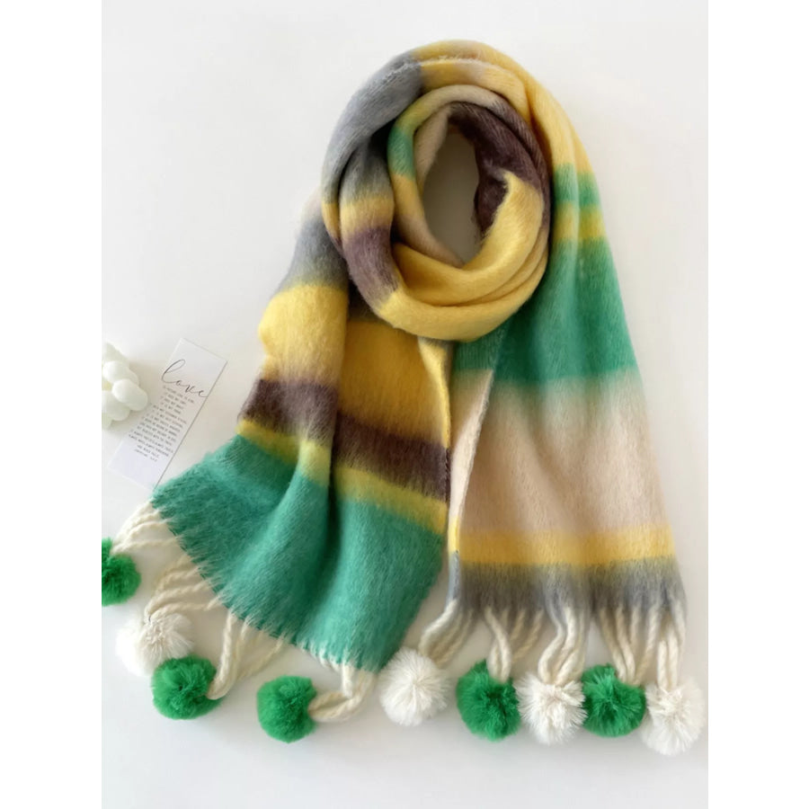 Rainbow Striped Fuzzy Scarf with Pom-Poms Dark Green / One Size Apparel and Accessories