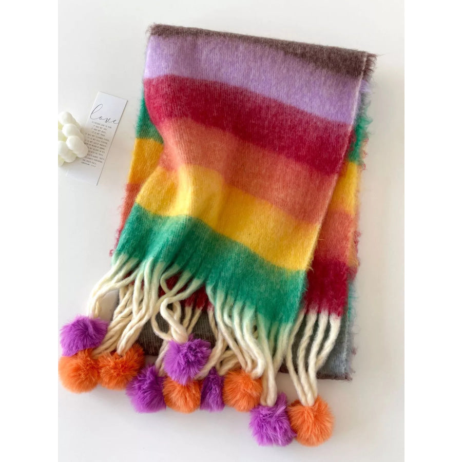 Rainbow Striped Fuzzy Scarf with Pom-Poms Heliotrope Purple / One Size Apparel and Accessories