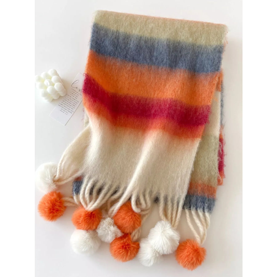 Rainbow Striped Fuzzy Scarf with Pom-Poms Orange / One Size Apparel and Accessories