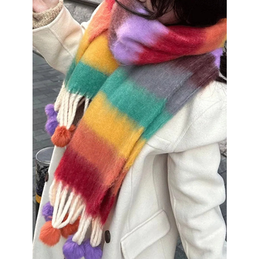 Rainbow Striped Fuzzy Scarf with Pom-Poms Style A / One Size Apparel and Accessories