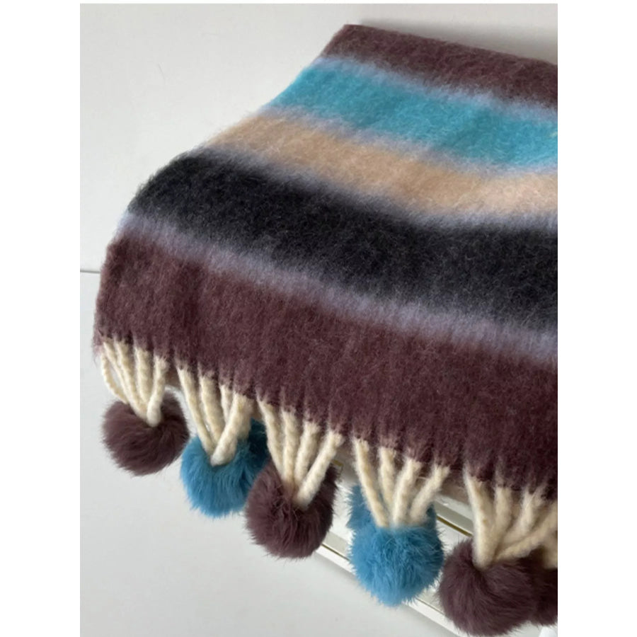 Rainbow Striped Fuzzy Scarf with Pom-Poms Style B / One Size Apparel and Accessories