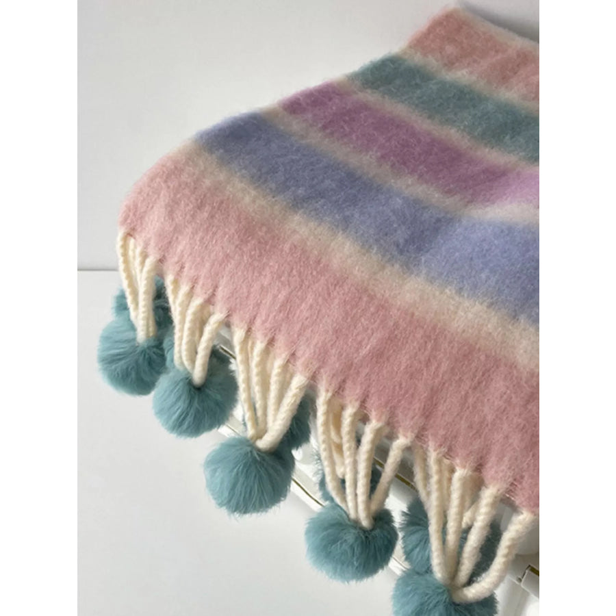 Rainbow Striped Fuzzy Scarf with Pom-Poms Style D / One Size Apparel and Accessories
