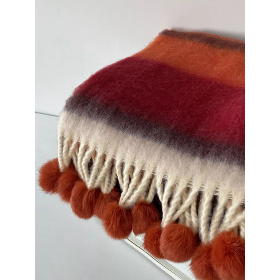 Rainbow Striped Fuzzy Scarf with Pom-Poms Style E / One Size Apparel and Accessories