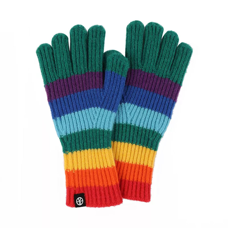 Rainbow Striped Knitted Gloves Dark Green / One Size Apparel and Accessories
