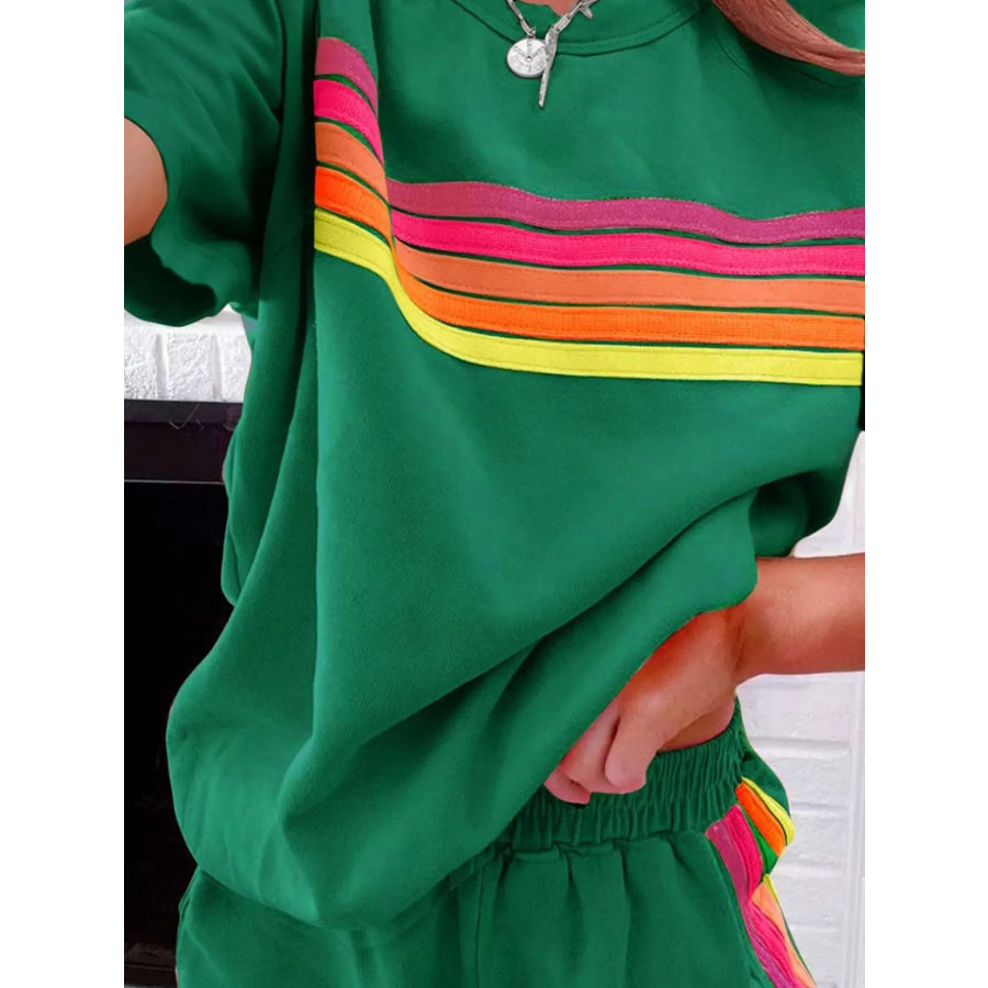 Rainbow Striped Round Neck Top and Shorts Set Apparel and Accessories