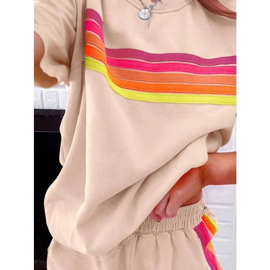 Rainbow Striped Round Neck Top and Shorts Set Apparel and Accessories