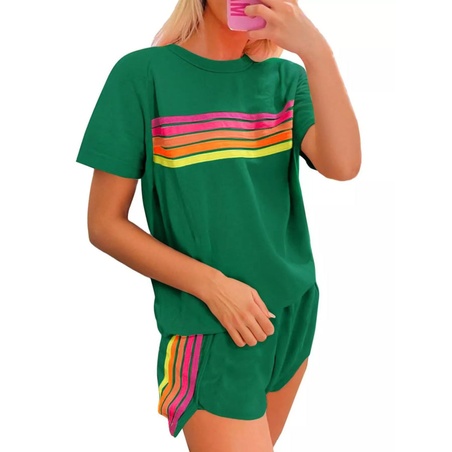 Rainbow Striped Round Neck Top and Shorts Set Apparel and Accessories